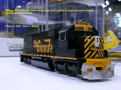 Details West: superdetailed RTR Athearn SD50 with new plow, horns, nose light and sander brackets on trucks