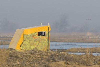 Our elegant photo blind on the banks of the Platte River