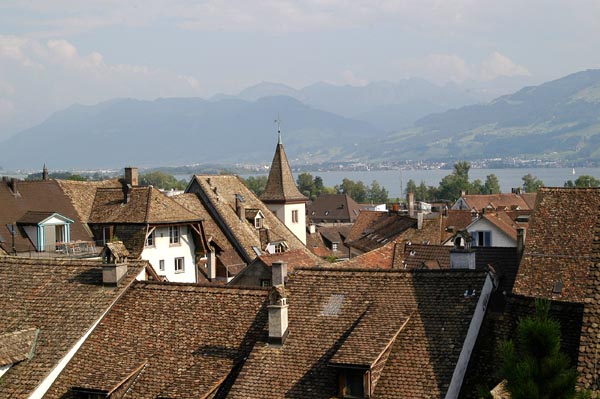 Looking across the rooftops to the Obersee and the Alps
