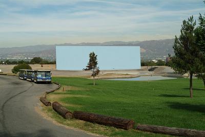 A big blue screen for filming.