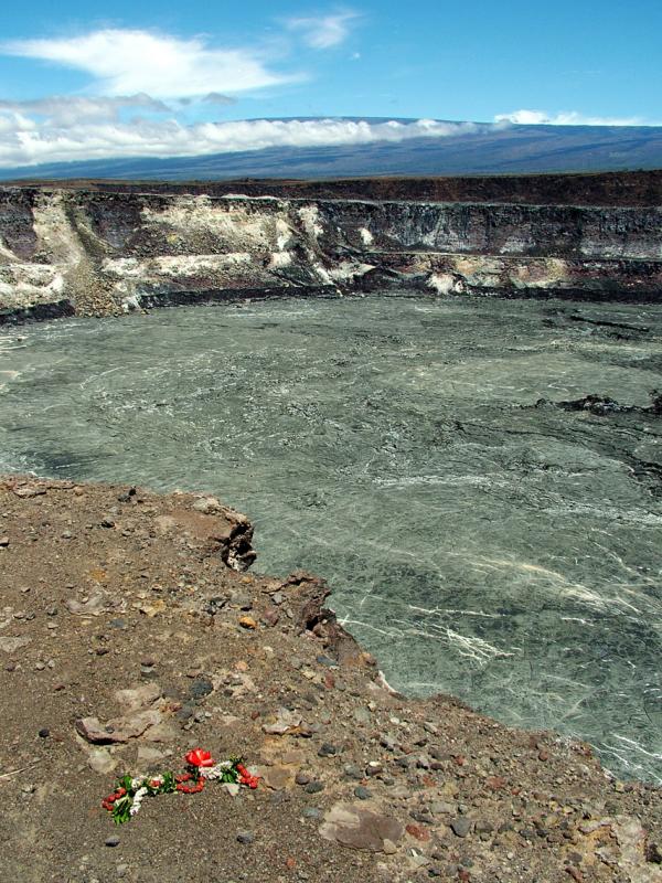 Lei offering, Halemaumau Crater, and Mauna Loa