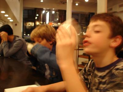 Lucas partakes of the City Bakery's Hot Chocolate for the first time.
This not Nathaniel's first visit to this fine establishment.