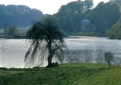 Stourhead Garden: In the 18th century, this lake was created by damming the surrounding valley. The Pantheon is seen.