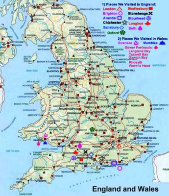 Places we visited in England and Wales as marked on the map and legend
