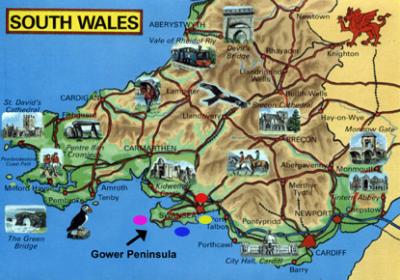 Wales: Places we visited: Red - Swansea; Yellow - Mumbles; Blue - Various bays; Purple - Rhossili  & Worm's Head