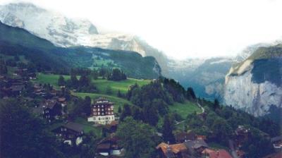 View of Wengen and the Alps from our hotel room balcony. The Lauterbrunnen valley is to the right.