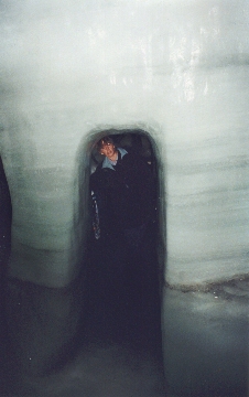 Judy at the Ice Palace. We walked within the eternal ice - hewn out of the slowest moving sections of the Aletsch Glacier.