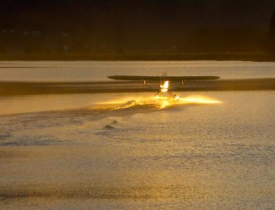 J3 Cub on floats taking off the airport pond at sunrise