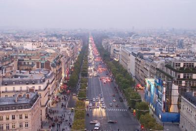 Top of Arc de Triomphe looking down on the Champs Elysees