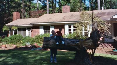 Ben sitting on one of the trees that fell over during Hurricane Isabel (Grandpa and Grandma's house in Norfolk, VA)