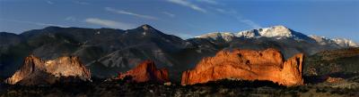Garden of the Gods - Pikes Peak
I got up at 5:00am and headed for the Mesa Overlook to take this shot in the early morning light.  It was freezing cold, and overcast.  I decided to stay anyway, thinking the sun would burn through the cloud cover.  During an hour and a half, I had about 10 minutes of light on the rock formations!  This is a 13 shot pano, achieving a 33 x 9 print size at 300dpi with no upsizing!  Take a look at 'original' size.  Lots of details, although it still does not compare to the image prior to reduction for web display.

This shot won a POTD at www.digitalphotocontest.com on January 21, 2004!