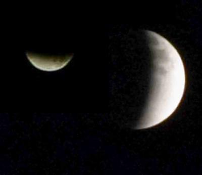 Two photos made at approximately the same time, merged via Photoshop (at last I'm gettng acquainted with layers). To the left is my moon , to the right is Nancy's moon as seen from Richmond , Virginia, USA, As we are 'seperated' about 82 degrees, the orientation of the earth shadow is obvious, almost 90 degrees tilted. Coverage shows some difference as we are not exactly 90 degrees apart.