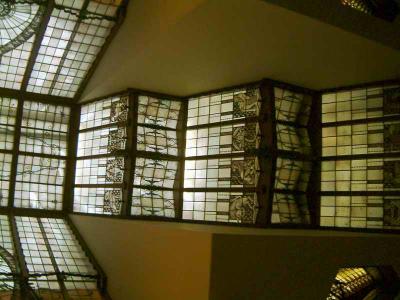 Inside of the building. Glass rooftop in the form of a ship. Very beautiful stained glass