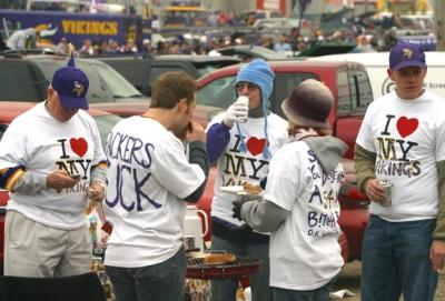 This group of Viking Football fans modified I Love NY t-shirts to read I Love MY Vikings