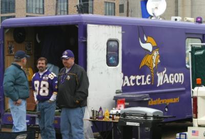 This Viking Football tailgating vehicle even has a satellite dish.
