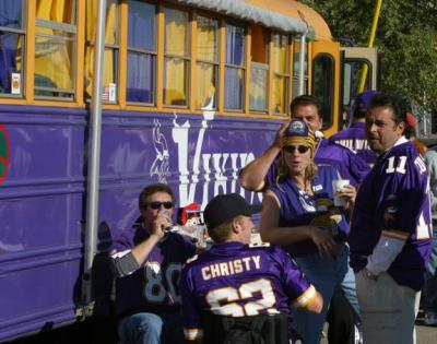 These Viking football fans were hanging out in front of their bus when they saw me approaching.