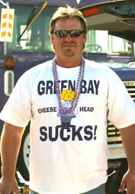 He is proud of his Green Bay Sucks t-shirt.  The vikings football team didn't even play Greenbay that week, but it doesn't matter.