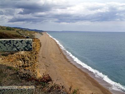Chesil Beach from the cliffs at Burton Bradstock