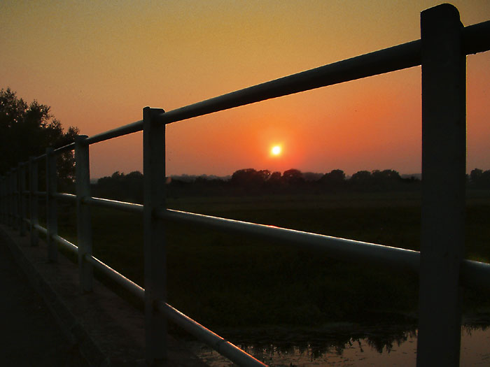 Railings and sunset, Muchelney