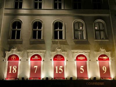 Advent calendar displayed on windows above the Gerbeaud Caf