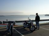 Bruce, the bikes, and morning sun over Lake Lanier