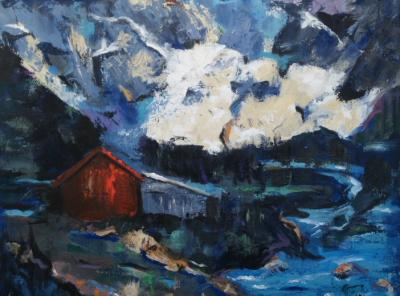 Rotes Haus am Fjord Leinwand 60x80 Acryl