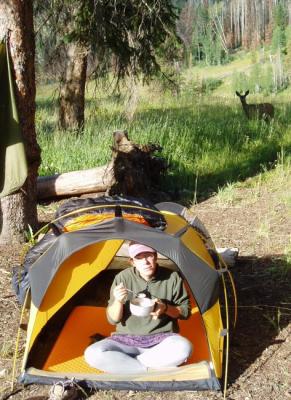 2004 Martina at camp in Colorado watched by deer