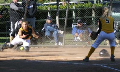 Heather Kim tosses to Katie covering home