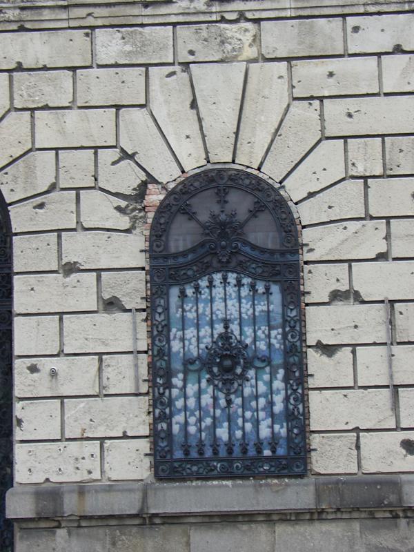 Bullet-scarred doorway in former army headquarters, Budapest