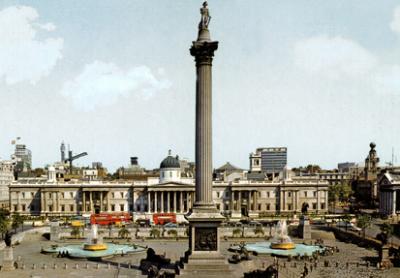 London: Trafalgar Square - constructed in 1830's. Rallies & public meetings here. Statue of Lord Nelson (1842) on top of column.