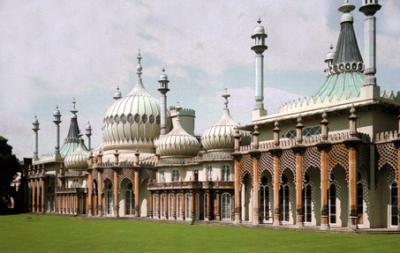 The Royal Pavilion in Brighton. Looks like an Indian palace. Built by  George IV in the early 1800's.