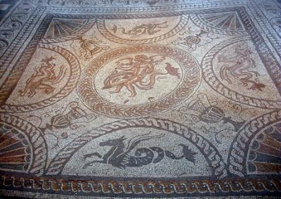 Fishbourne Roman Palace: Boy On A Dolphin mosaic floor. The palace has the best collection of Roman mosaics in England.