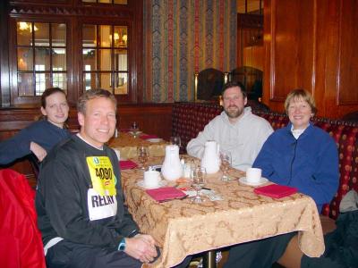 Eating breakfast and getting warm after the race