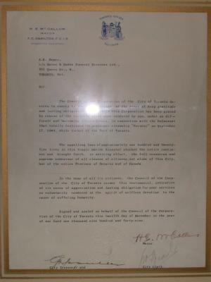 Letter to Bates and Dodds from the Mayor of Toronto in the disaster of The Noronic