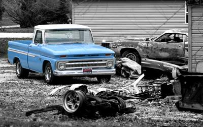Treasure Among Trash
I spotted this 60's era Chevy Pickup among a rather messy 'estate' in Indiana.  I drive a '69 Chevy Pickup and love old trucks!  This one is very nice...  (much nicer than mine, but my yard isn't a disaster!)