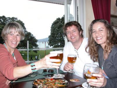 Enjoying Belgium Beer & NZ mussels at pub in Mission Bay