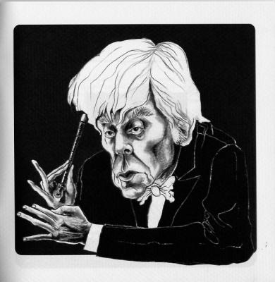 Caricature of maestro Frans Brüggen. It's figured in a brochure of Doelen, and I think it's no good. This is more the way you depict politicians, you don't agree with (lol) Look at the next picture to compare it with the real Frans Brüggen. The mere fact that the man has a back ailment and can't walk and stand easily (sits while conducting) is no reaso for exaggerating this in a caricature !!!!!!!!!!!!!!