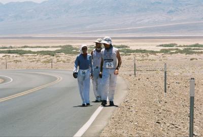 Lisa, Chris & Marshall approach Furnace Creek, mile 17 on the course.