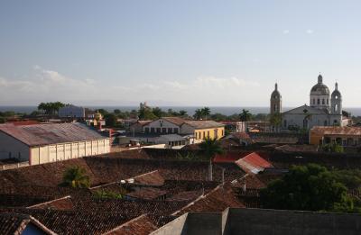 view of Granada from belltower of Iglesia de La Merced, Lake Nicaragua on horizon