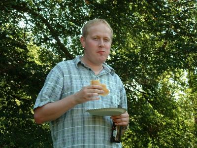 Food. Beer. A happy man.