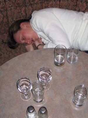 liz crashes after a few too many glasses of water...