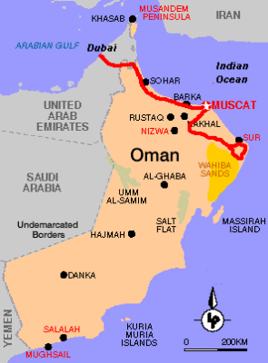 Map of our trip to Oman .  Our trip path is in red.