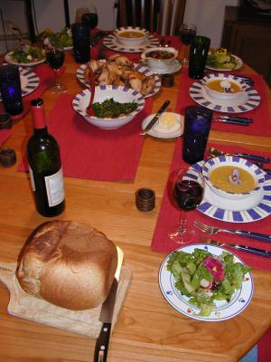 great halloween dinner spread with soup flowers