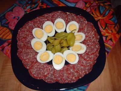 salami, hard boiled eggs and pepperoncini