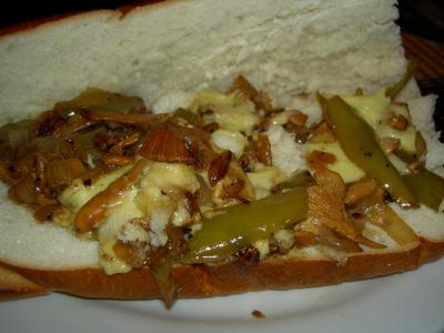 mushroom onion pepper cheese steak with Wild chanterelles instead of meat