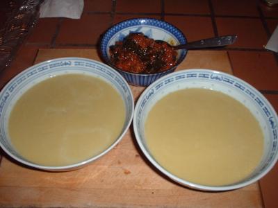 potage parmentier (leek and potato soup) and eggplant pickle (side dish) (info)