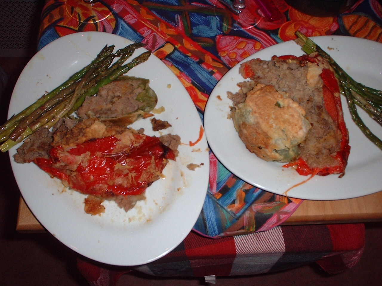 mashed potato stuffed peppers and asparagus