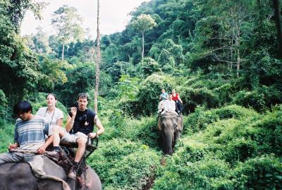 Elephant Trek Im on the rear elephant in white