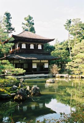Traditional house behind water