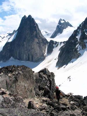 Looking out from the summit of Crescent Spire at Snowpatch and the Bugaboo-Snowpatch col
